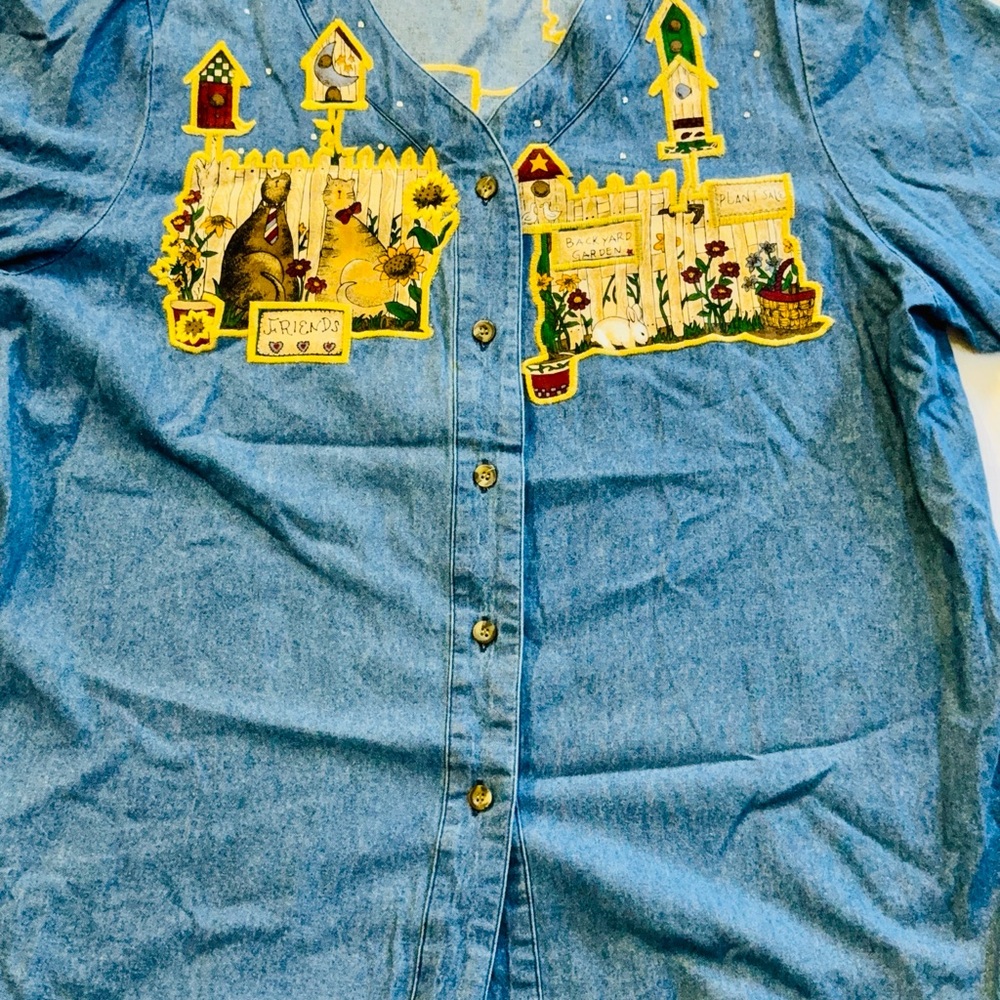 Vtg Quacker Factory Denim Shirt XL Cats Garden Appliqué Y2K Teacher Friends